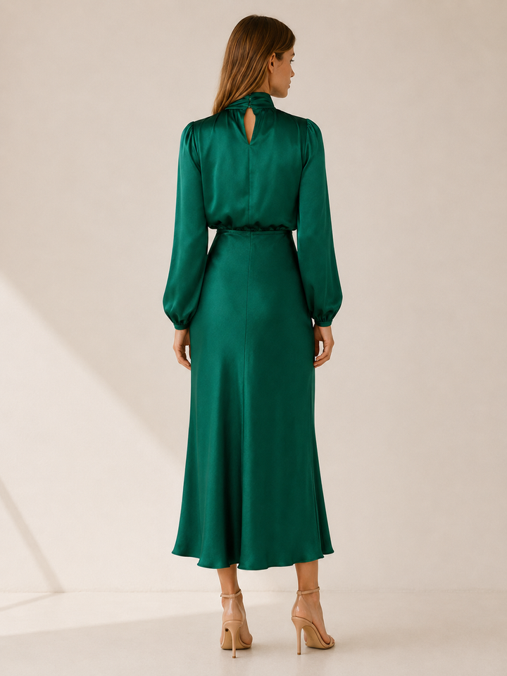 Dark Green Satin Maxi Dress with High Neck and Draped Front – back view