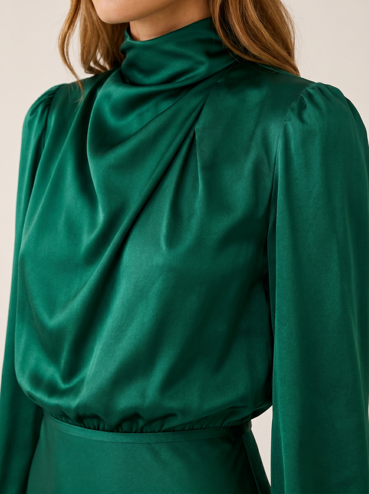 Dark Green Satin Maxi Dress with High Neck and Draped Front – detail view
