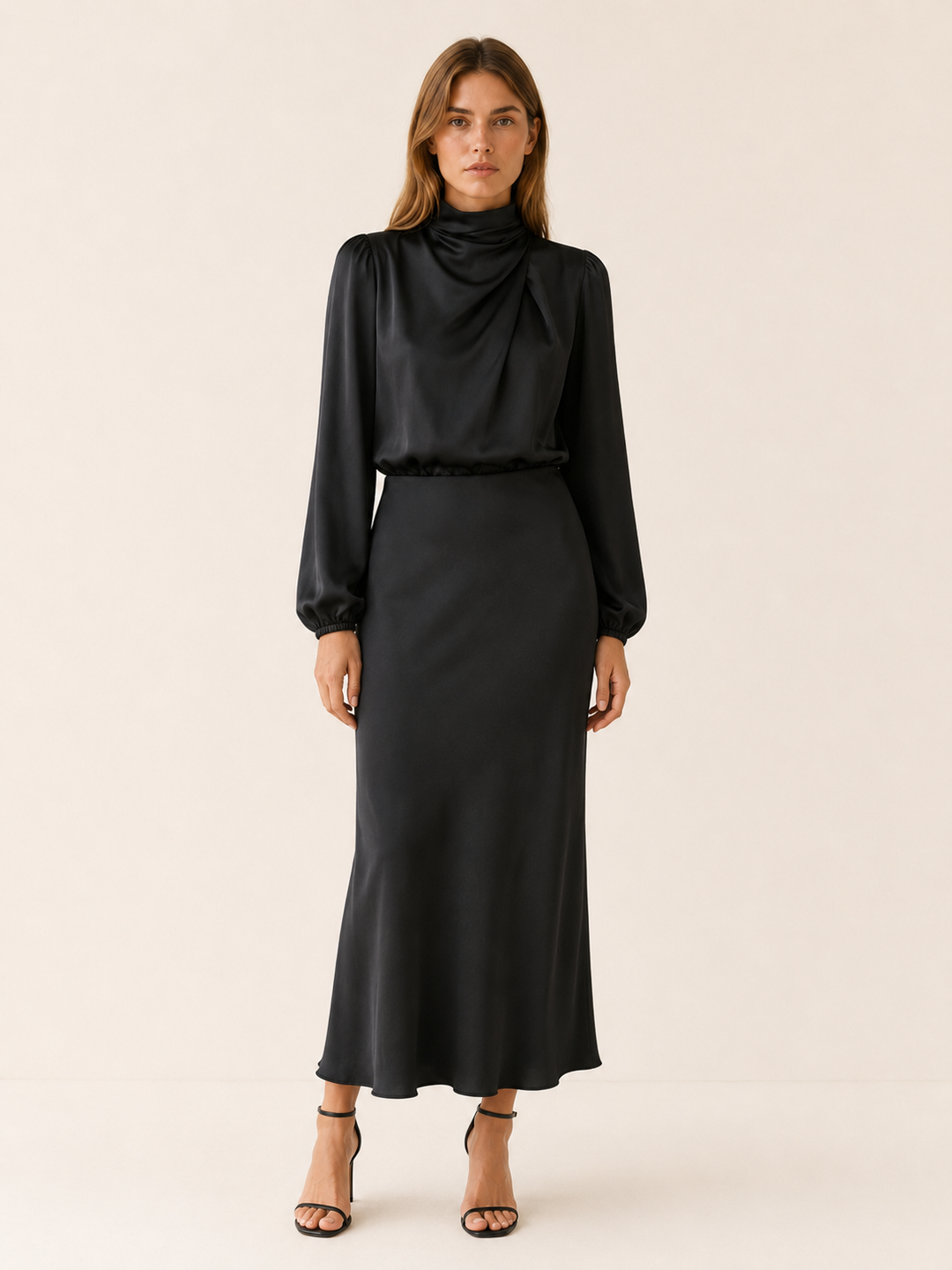 Dark Green Satin Maxi Dress with High Neck and Draped Front – lifestyle