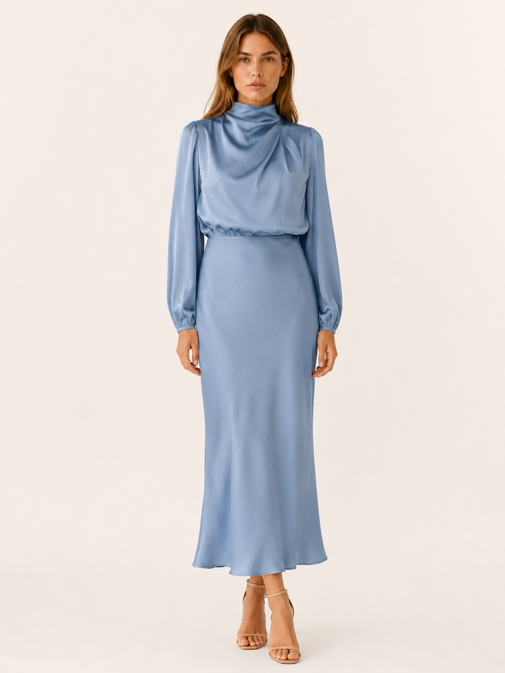 Dark Green Satin Maxi Dress with High Neck and Draped Front – full length view