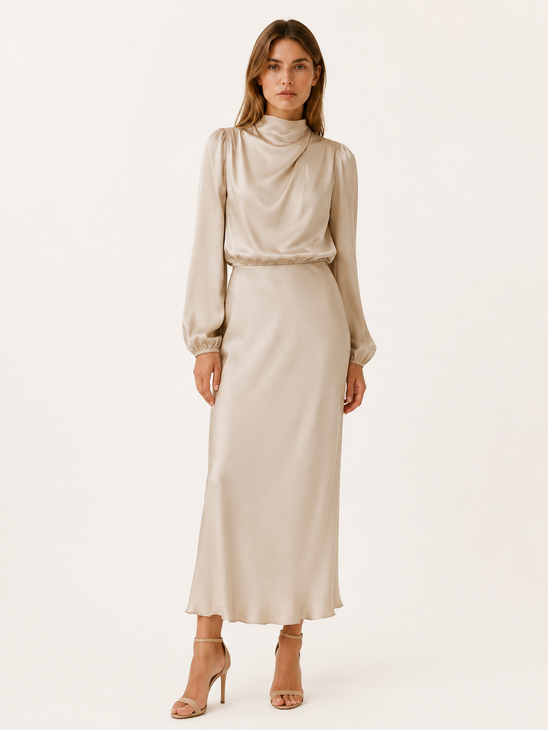 Dark Green Satin Maxi Dress with High Neck and Draped Front – editorial view