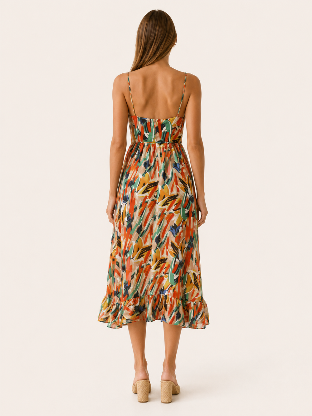 Green Printed Midi Dress with Ruffle Hem – side view