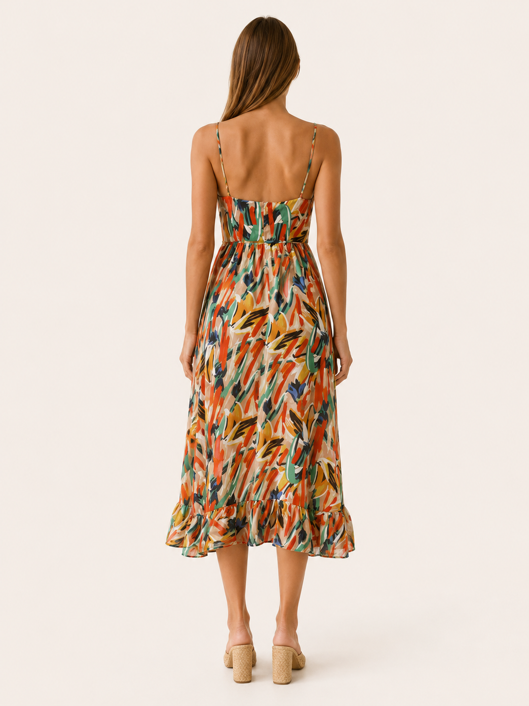 Green Printed Midi Dress with Ruffle Hem – side view