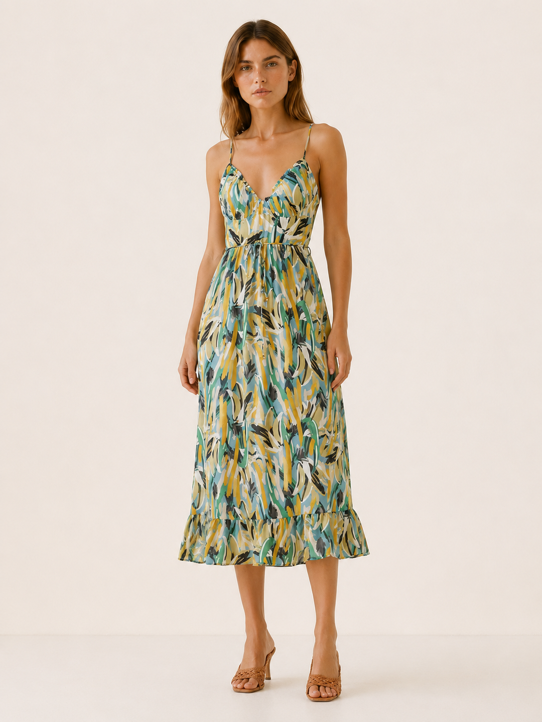 Green Printed Midi Dress with Ruffle Hem – detail view