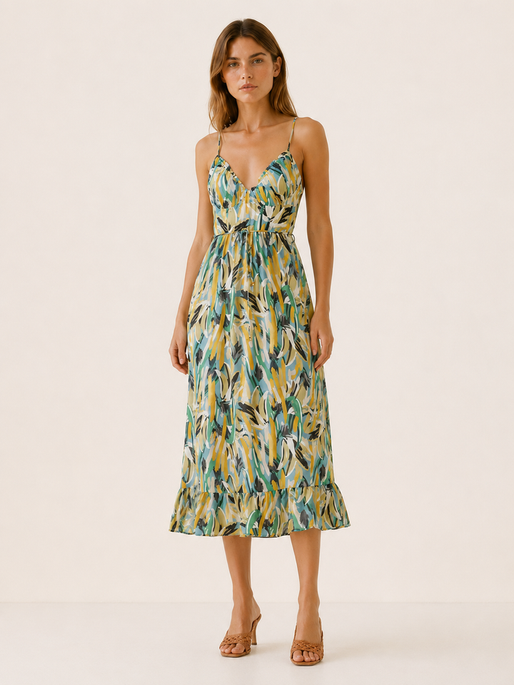 Green Printed Midi Dress with Ruffle Hem – detail view