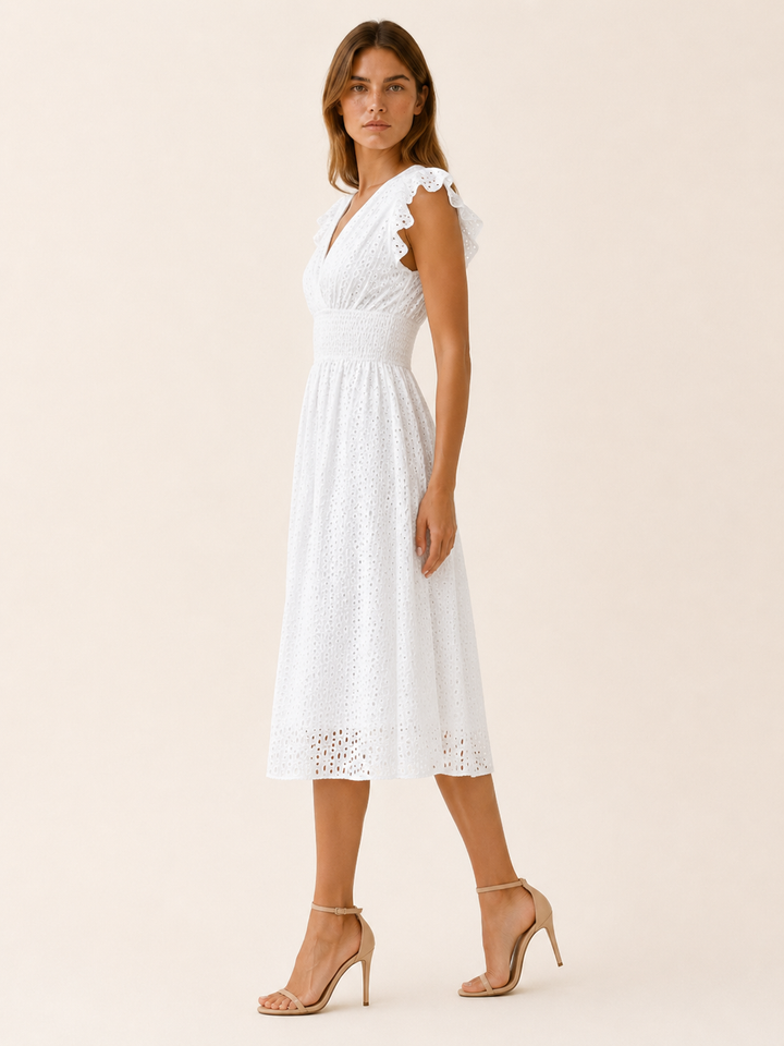 White Eyelet Midi Dress with V Neck and Ruffle Sleeves – side view