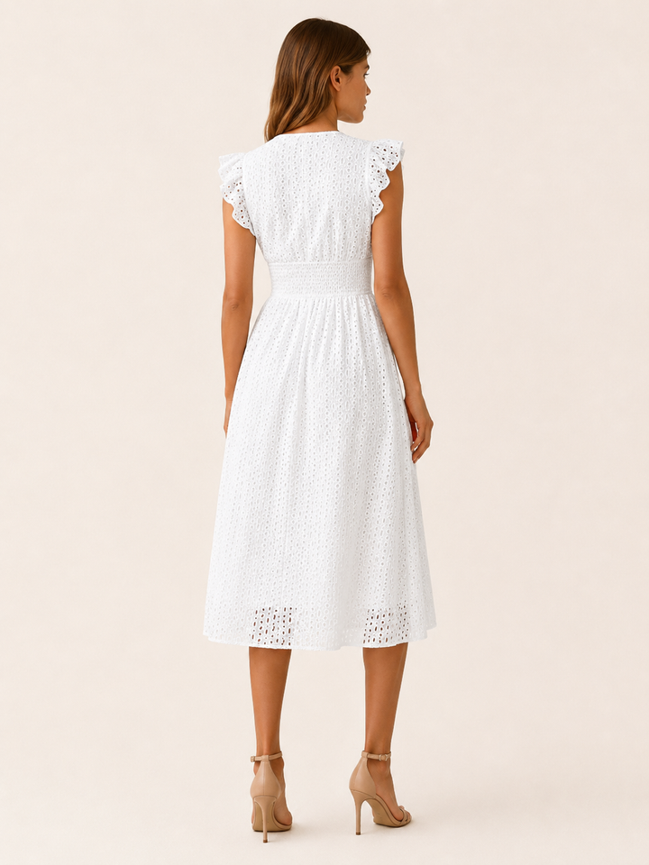 White Eyelet Midi Dress with V Neck and Ruffle Sleeves – back view
