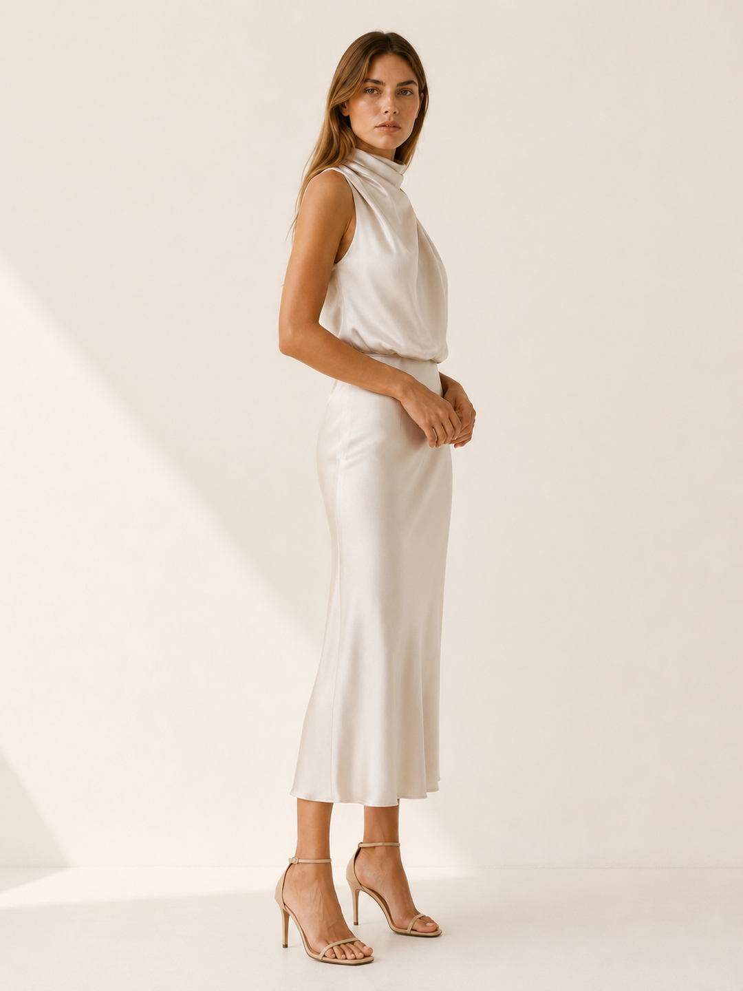 Plum Satin Midi Dress with High Neck and Draped Front – side view