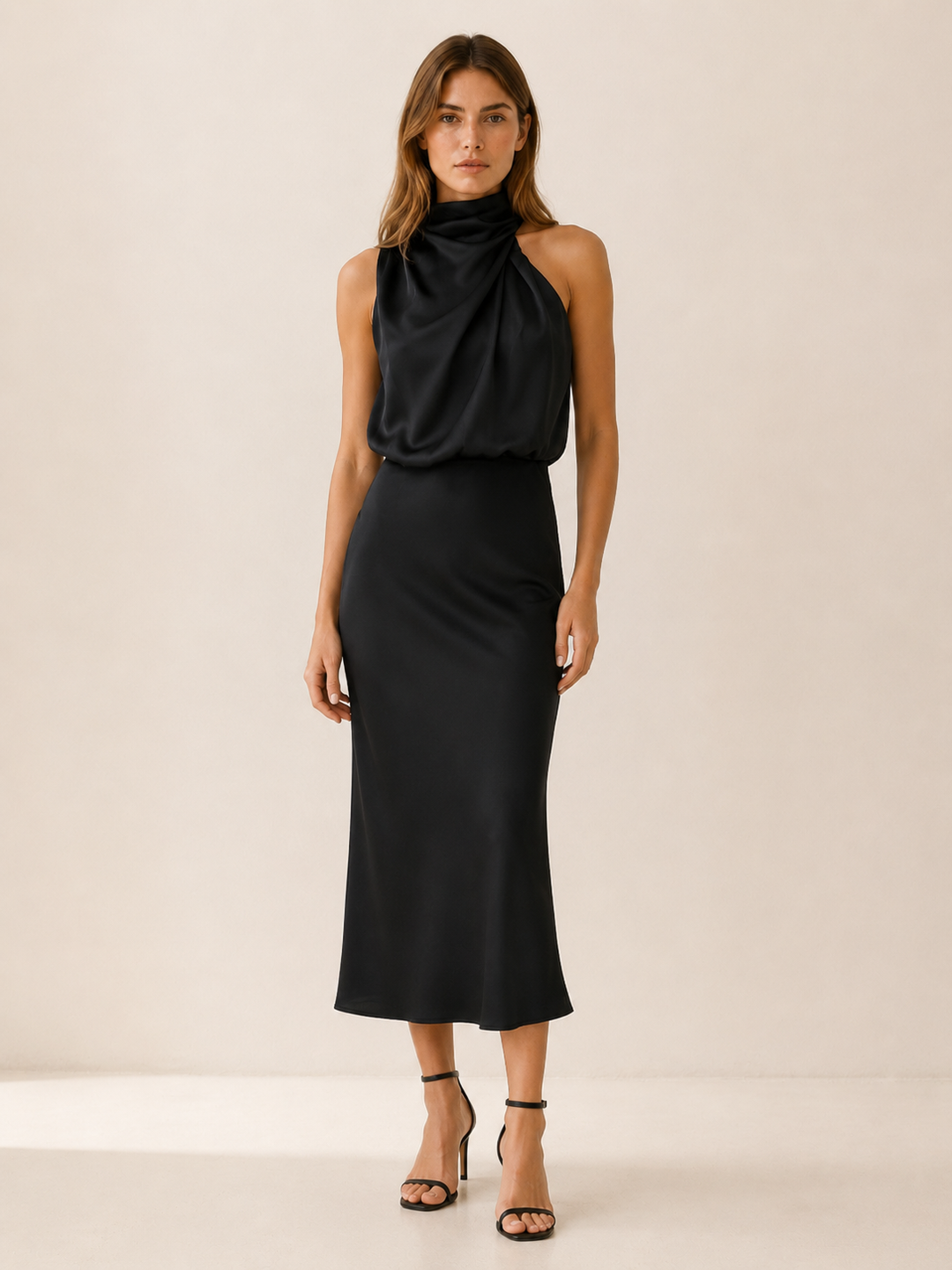 Champagne Satin Midi Dress with High Neck and Draped Front – model view