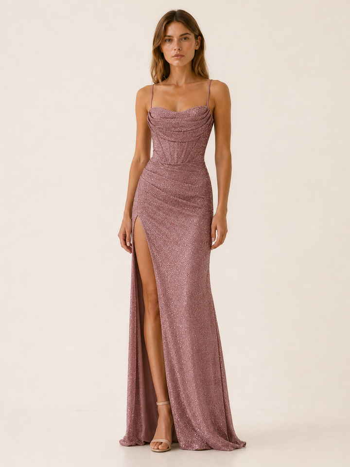 Light Blue Sparkly Maxi Dress with Corset Detail – detail view