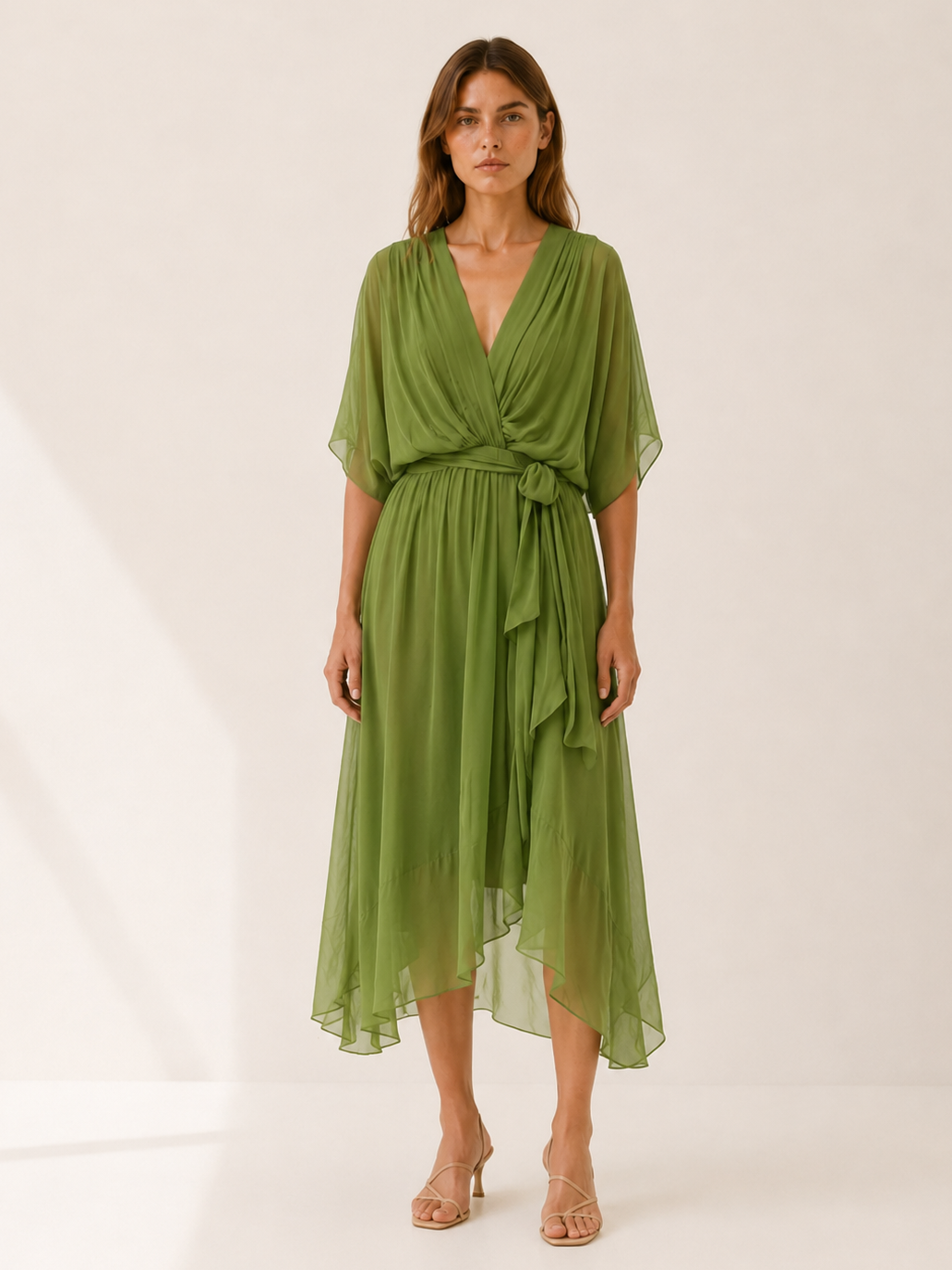 Green Wrap Midi Dress with Waist Tie – detail view
