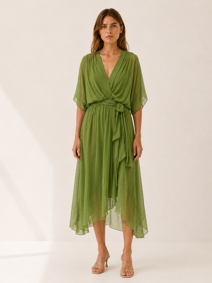 Green Wrap Midi Dress with Waist Tie – detail view