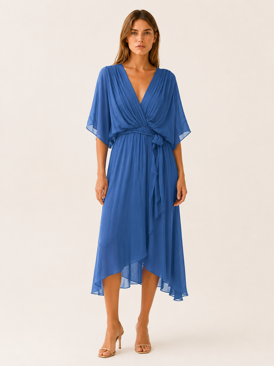 Red Orange Wrap Midi Dress with Waist Tie – close-up