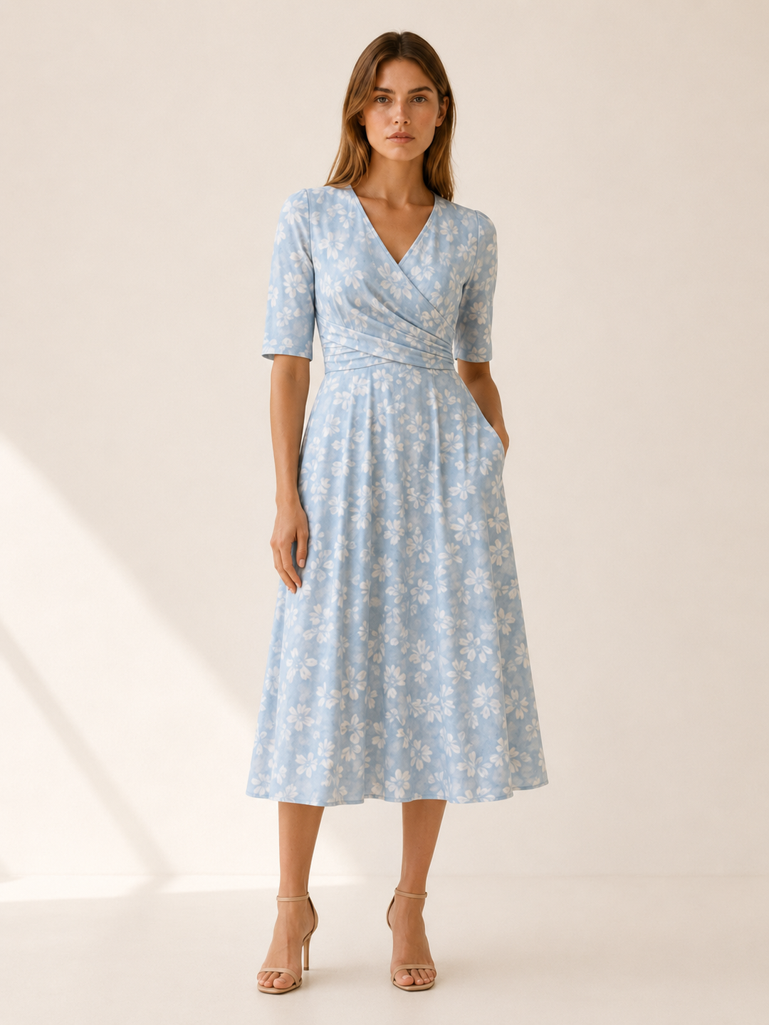 Blue Floral Midi Dress with V Neck and Side Pockets – front view