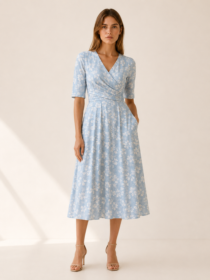 Blue Floral Midi Dress with V Neck and Side Pockets – front view