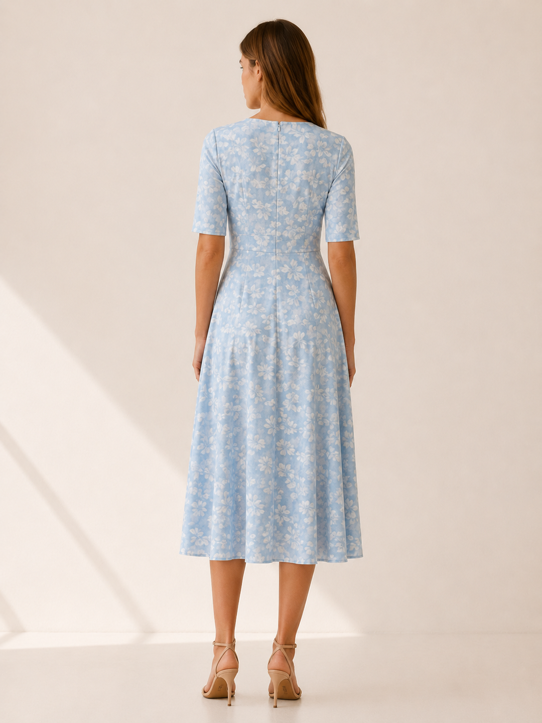 Blue Floral Midi Dress with V Neck and Side Pockets – back view