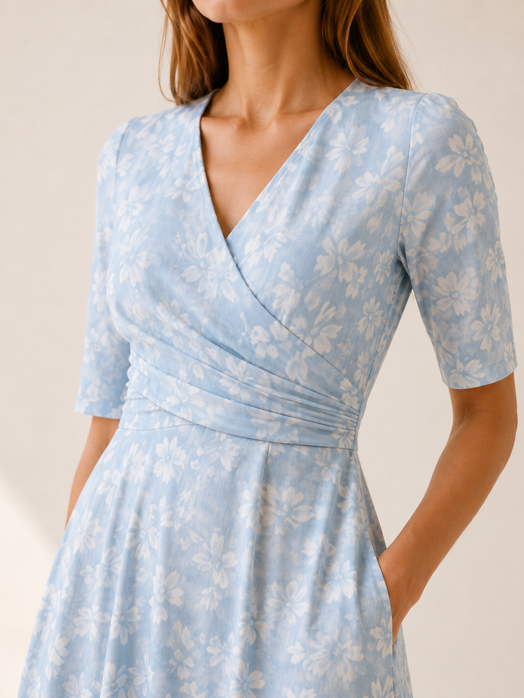 Blue Floral Midi Dress with V Neck and Side Pockets – detail view