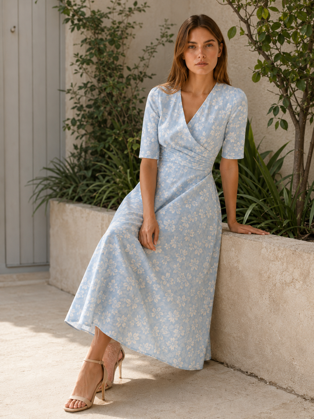 Blue Floral Midi Dress with V Neck and Side Pockets – close-up
