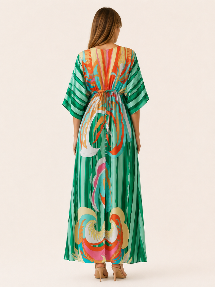 Green Printed Maxi Dress with V Neck and Tie Waist – back view