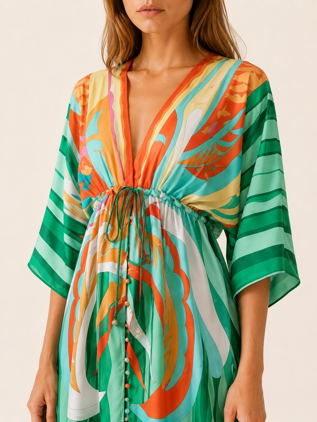 Green Printed Maxi Dress with V Neck and Tie Waist – detail view