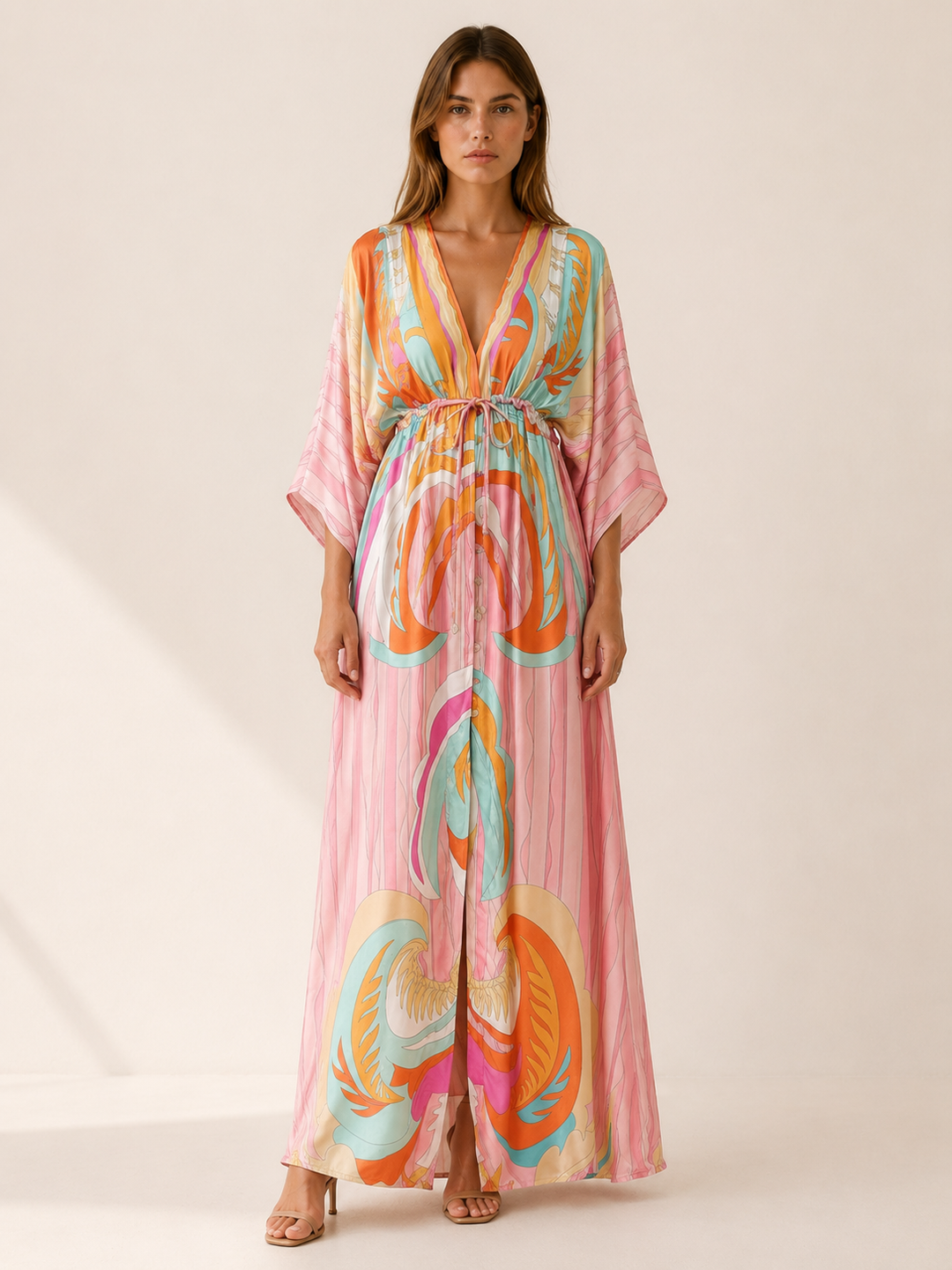 Green Printed Maxi Dress with V Neck and Tie Waist – lifestyle