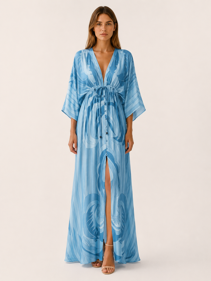 Pink Printed Maxi Dress with V Neck and Tie Waist – angled view