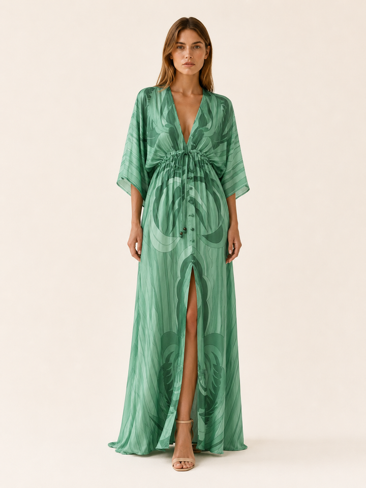 Pink Printed Maxi Dress with V Neck and Tie Waist – editorial view