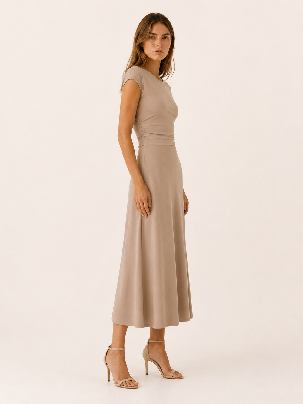 Black Midi Dress with Cap Sleeves and High Waist – side view
