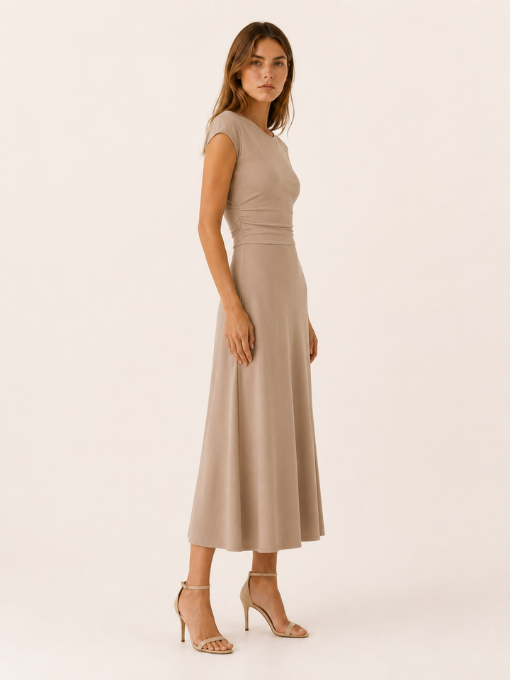 Black Midi Dress with Cap Sleeves and High Waist – side view