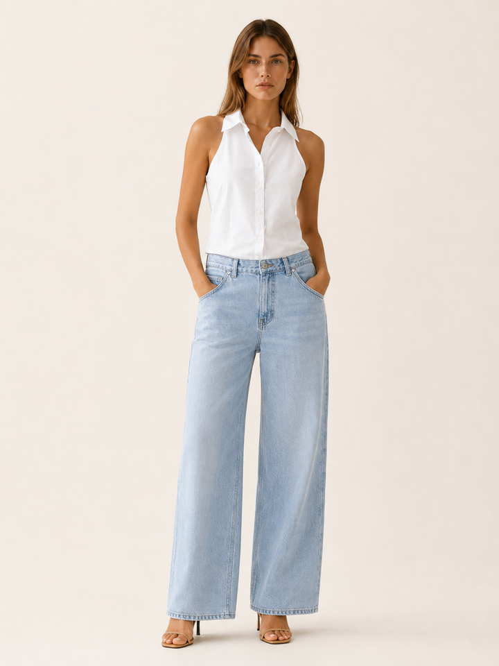 White Sleeveless Shirt with Collar and Button Front – front view
