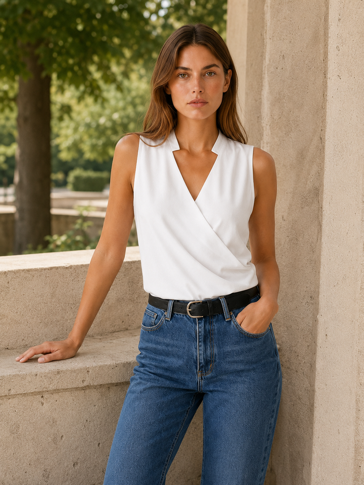 White Sleeveless Wrap Top with V-Neckline – back view