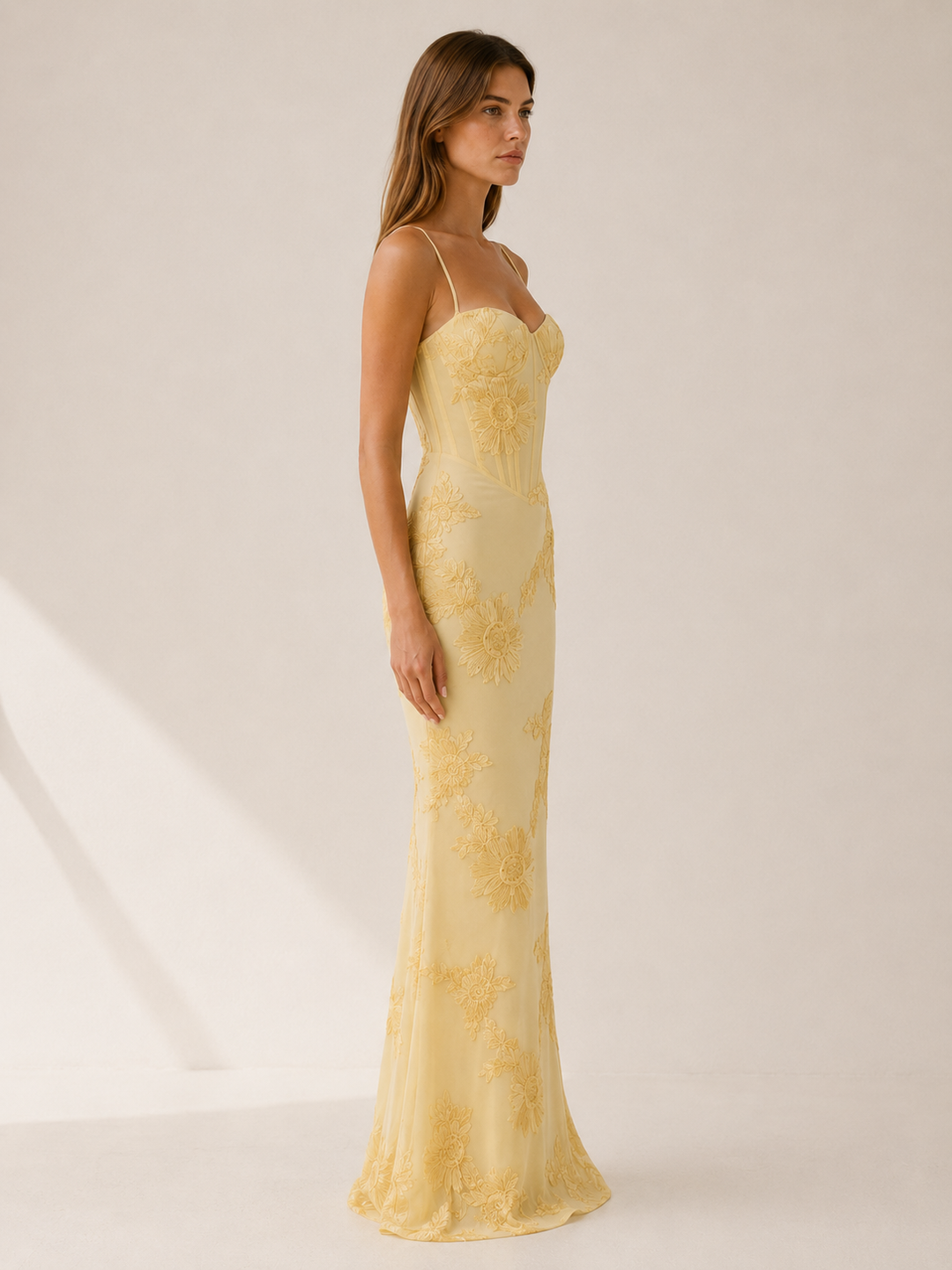 Yellow Floral Corset Maxi Dress with Lace-Up Back – side view