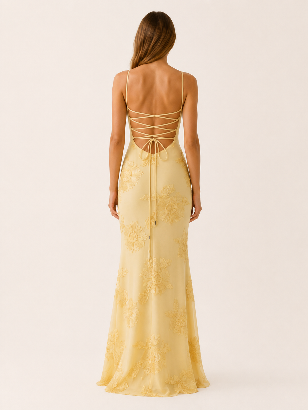 Yellow Floral Corset Maxi Dress with Lace-Up Back – back view