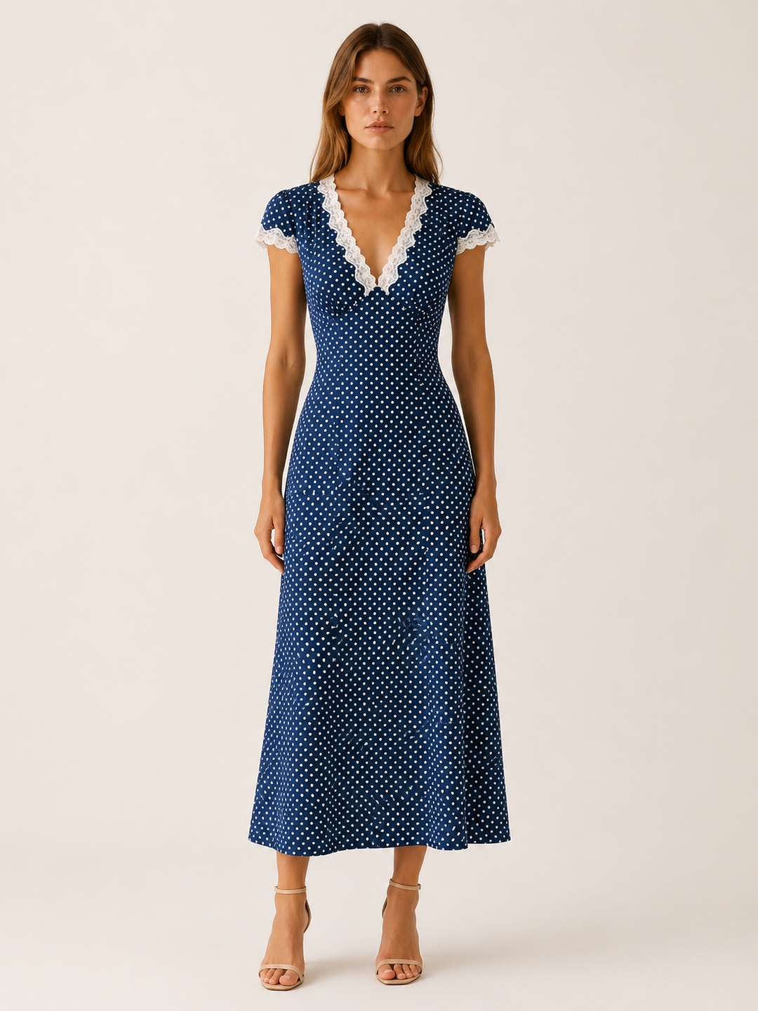 Navy Polka Dot Maxi Dress with Lace Trim – front view
