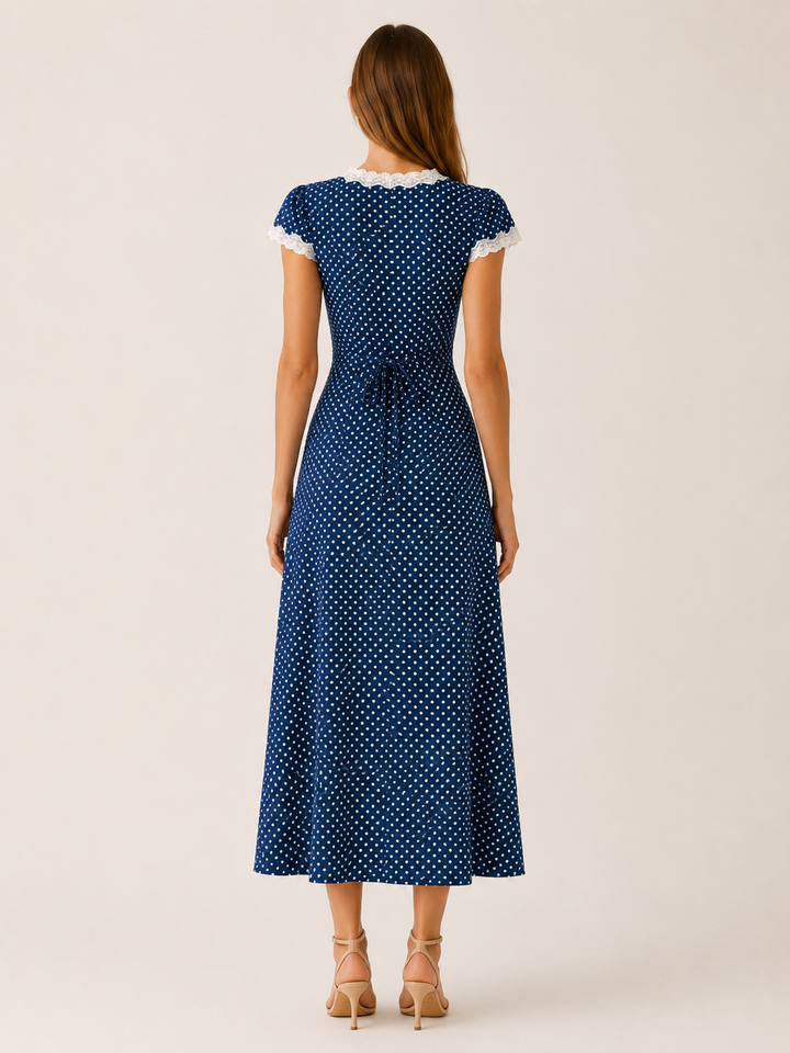 Navy Polka Dot Maxi Dress with Lace Trim – side view