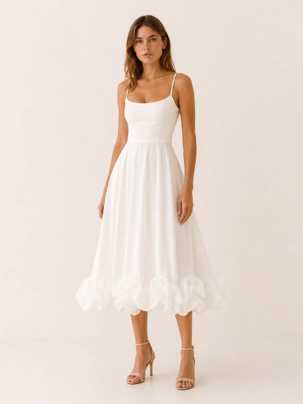 White Midi Dress with Ruffle Hem – detail view