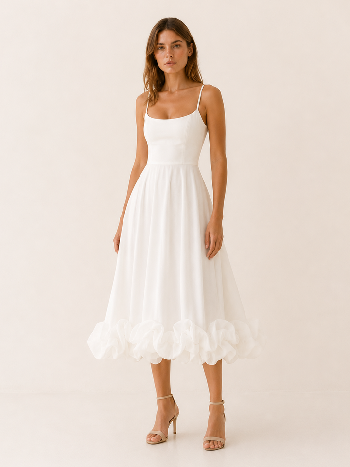 White Midi Dress with Ruffle Hem – detail view