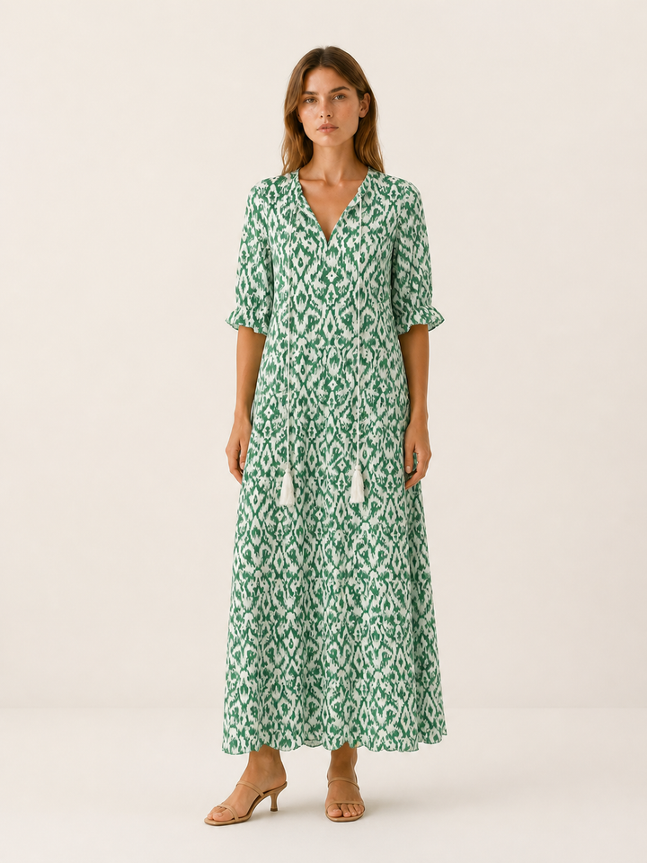 Blue Boho Maxi Dress with Tassel Detail – detail view