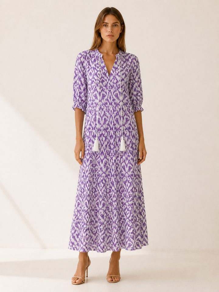 Blue Boho Maxi Dress with Tassel Detail – close-up