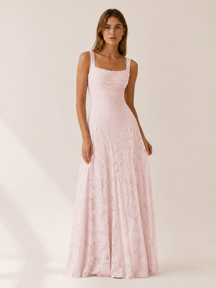 Pink Floral Lace Maxi Dress with Square Neckline – front view
