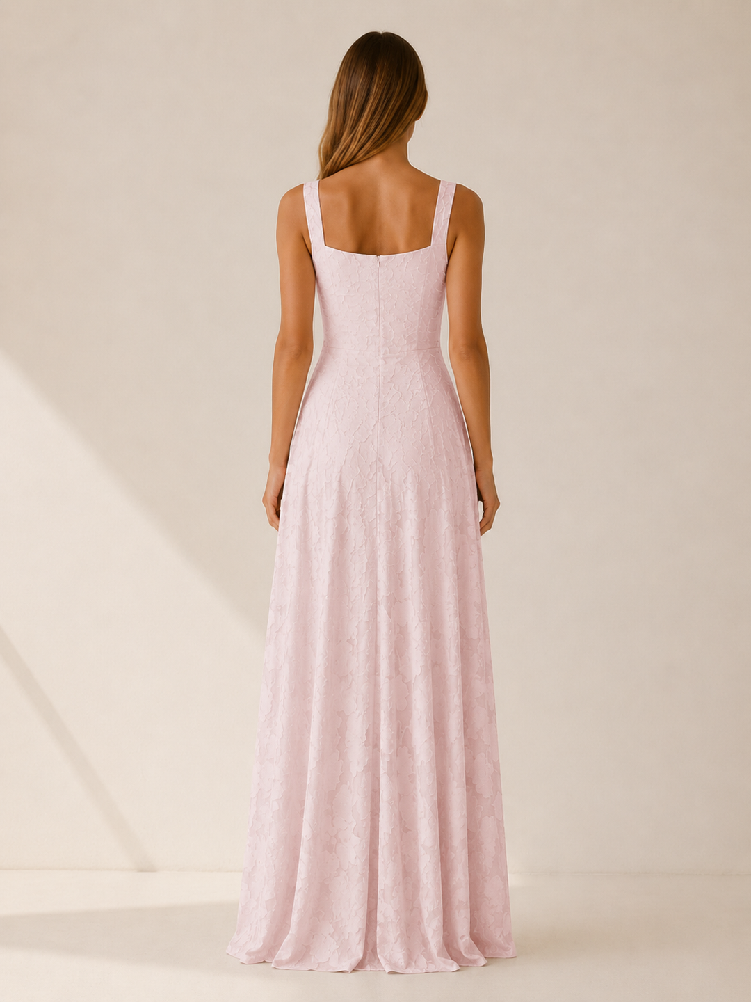 Pink Floral Lace Maxi Dress with Square Neckline – side view