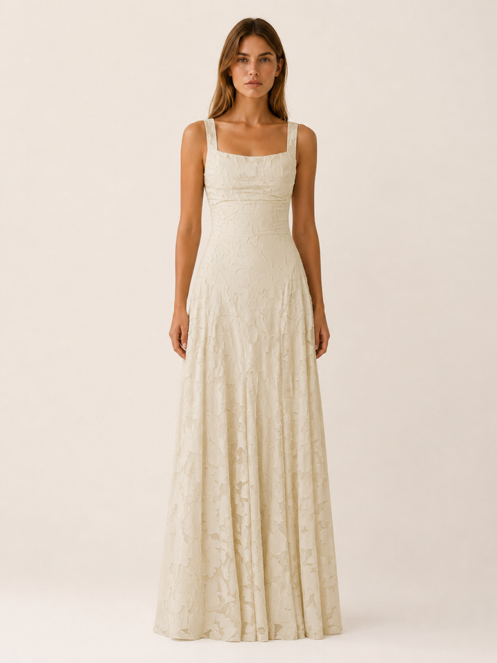 Pink Floral Lace Maxi Dress with Square Neckline – close-up