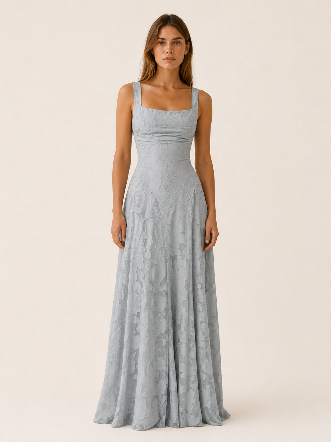 Pink Floral Lace Maxi Dress with Square Neckline – full length view