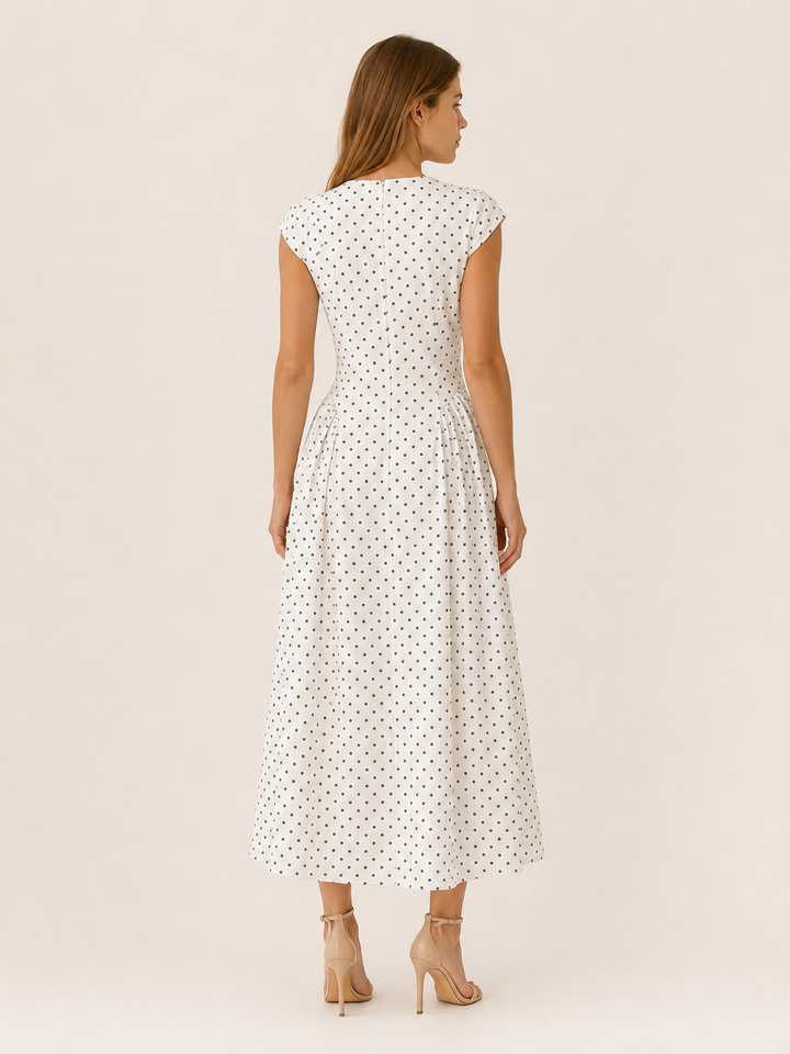 Black Polka Dot Maxi Dress with Cap Sleeves – back view