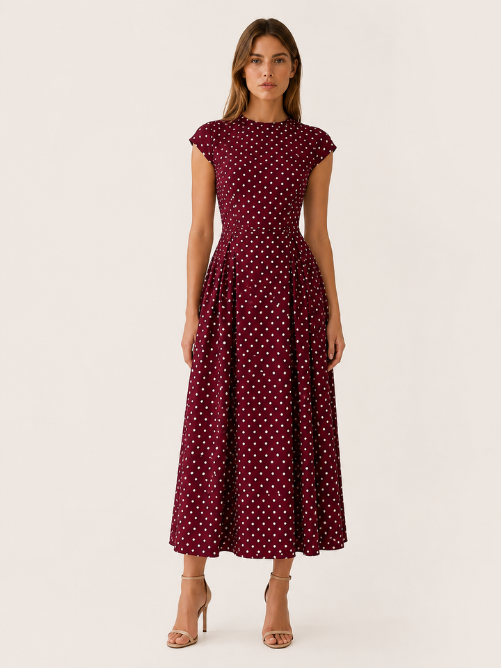 Black Polka Dot Maxi Dress with Cap Sleeves – angled view