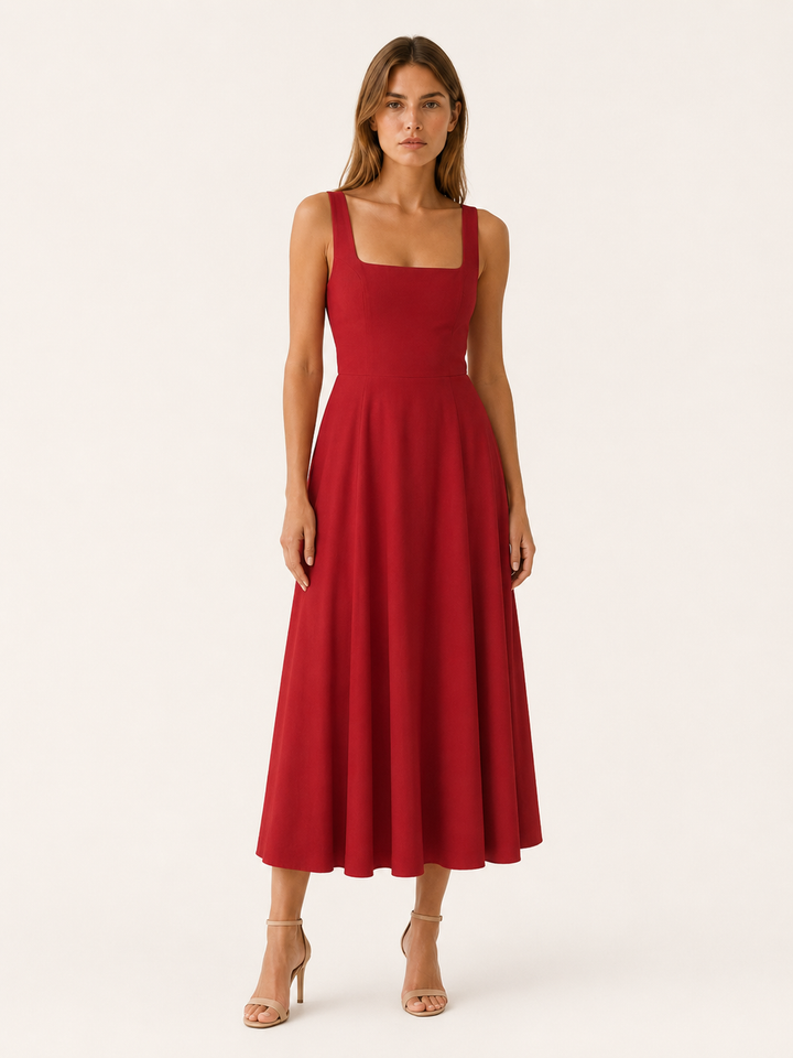 Red Square Neck Midi Dress with Wide Straps – front view