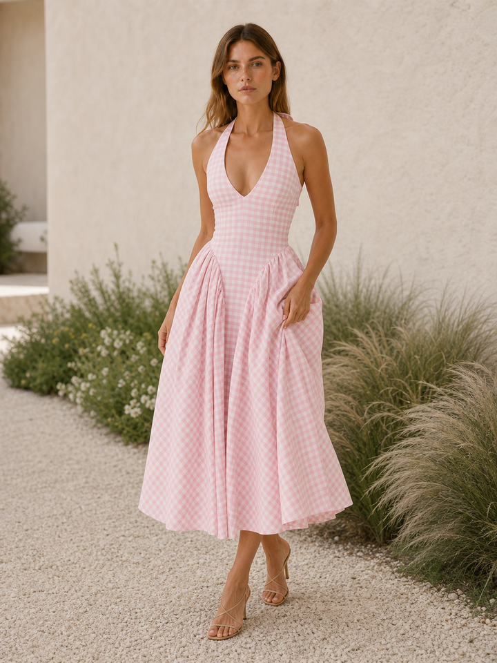 Pink Gingham Halter Midi Dress with Open Back – back view
