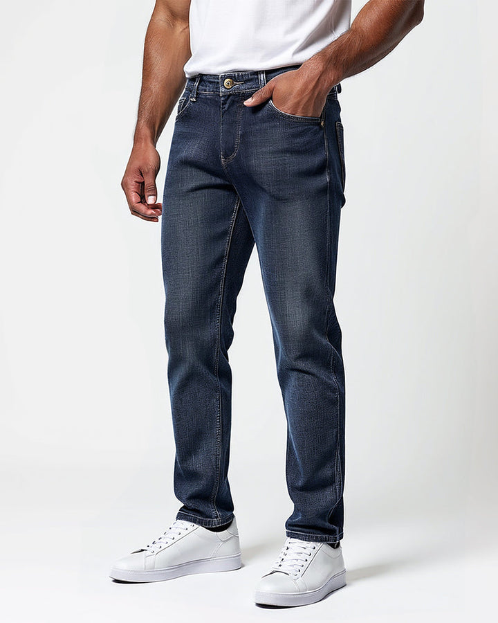 Avenue Slim Fit Jeans Dark Blue Mens Side View | The Ashwell
