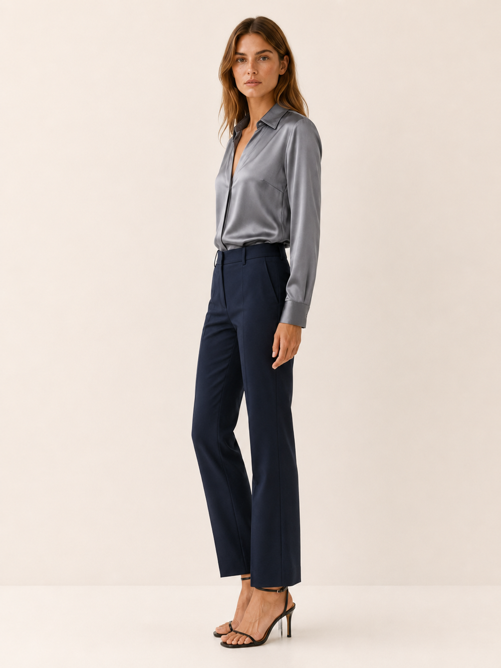 Black Satin V-Neck Blouse with Long Sleeves – side view