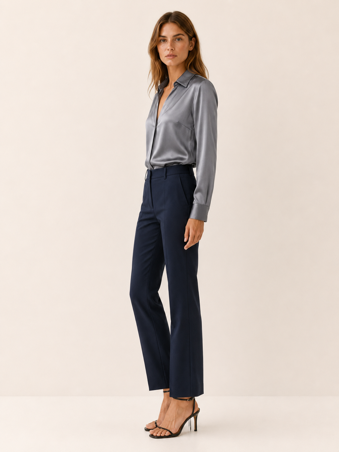 Black Satin V-Neck Blouse with Long Sleeves – side view